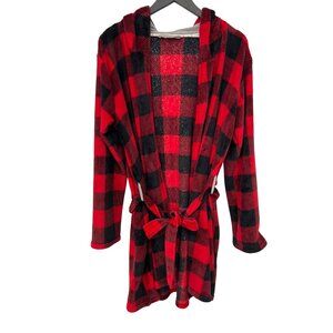 Lucky Brand Hooded Robe Size XL Red Black Cozy Buffalo Plaid Belted Plush Comfy